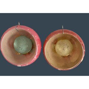 2 Vintage Glass Diorama Bell Ornaments Wire Hanging Pink Red Frosted Ball Insert